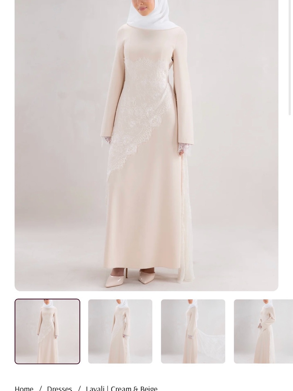 Elegant Cream Modest Long-Sleeve Dress with Lace Detail